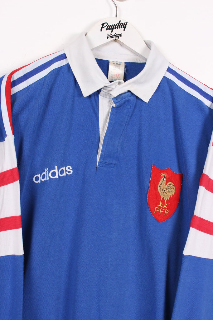 90’s Adidas x French Rugby Federation Rugby Shirt Blue Large - Payday Vintage